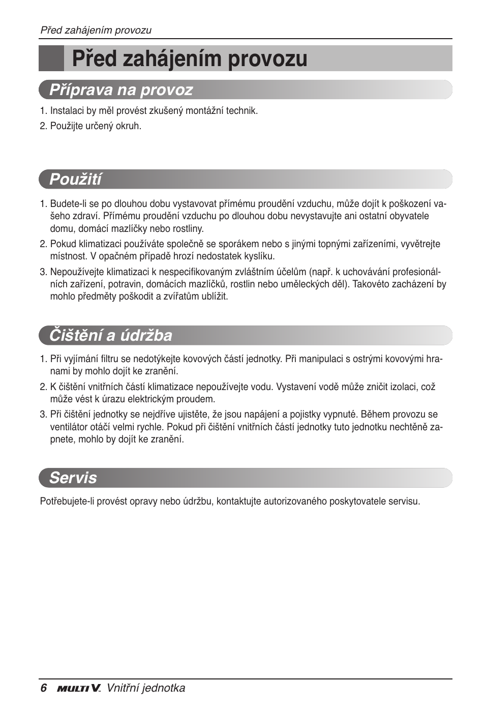 Před zahájením provozu, Příprava na provoz použití čištění a údržba servis | LG ARNU15GSER2 User Manual | Page 126 / 205