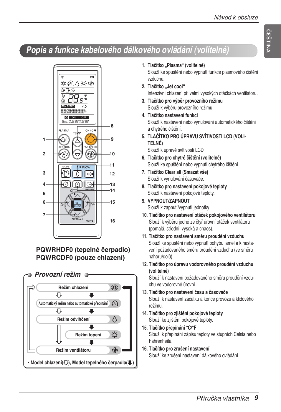 Provozní režim, Příručka vlastníka 9 | LG ARNU15GSER2 User Manual | Page 129 / 205