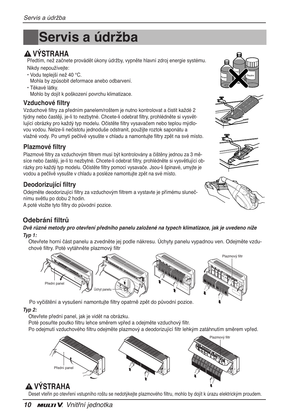 Servis a údržba, 10 vnitřní jednotka, Vzduchové filtry | Plazmové filtry, Deodorizující filtry, Odebrání filtrů | LG ARNU15GSER2 User Manual | Page 130 / 205