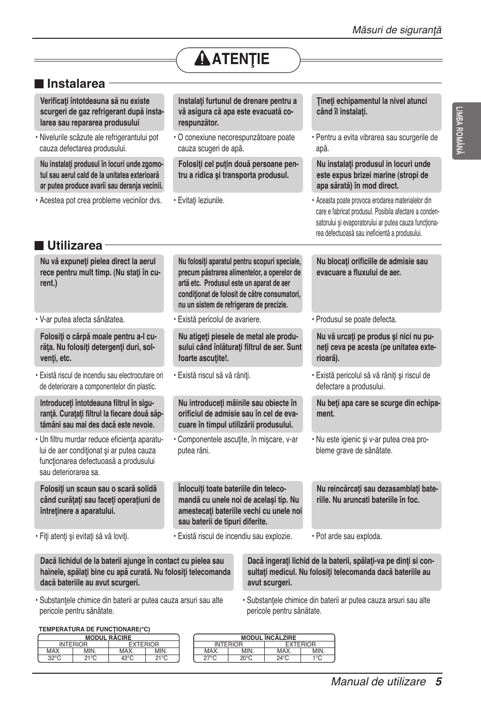 N instalarea, N utilizarea, Manual de utilizare 5 | Măsuri de siguranţă | LG ARNU15GSER2 User Manual | Page 137 / 205