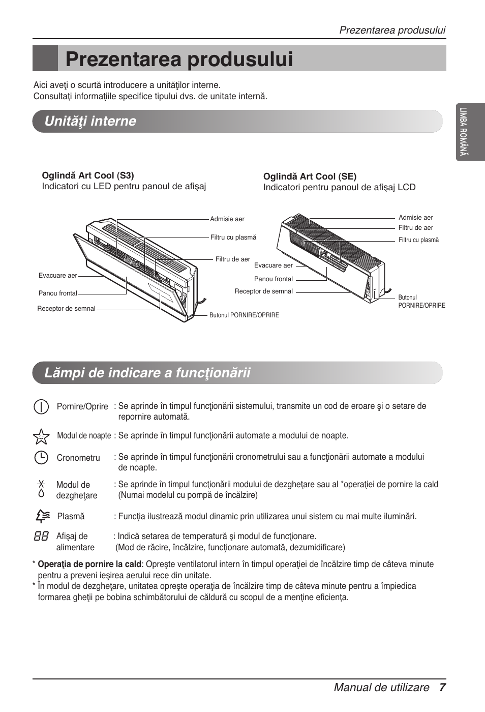 Prezentarea produsului, Unităţi interne lămpi de indicare a funcţionării, Manual de utilizare 7 | LG ARNU15GSER2 User Manual | Page 139 / 205