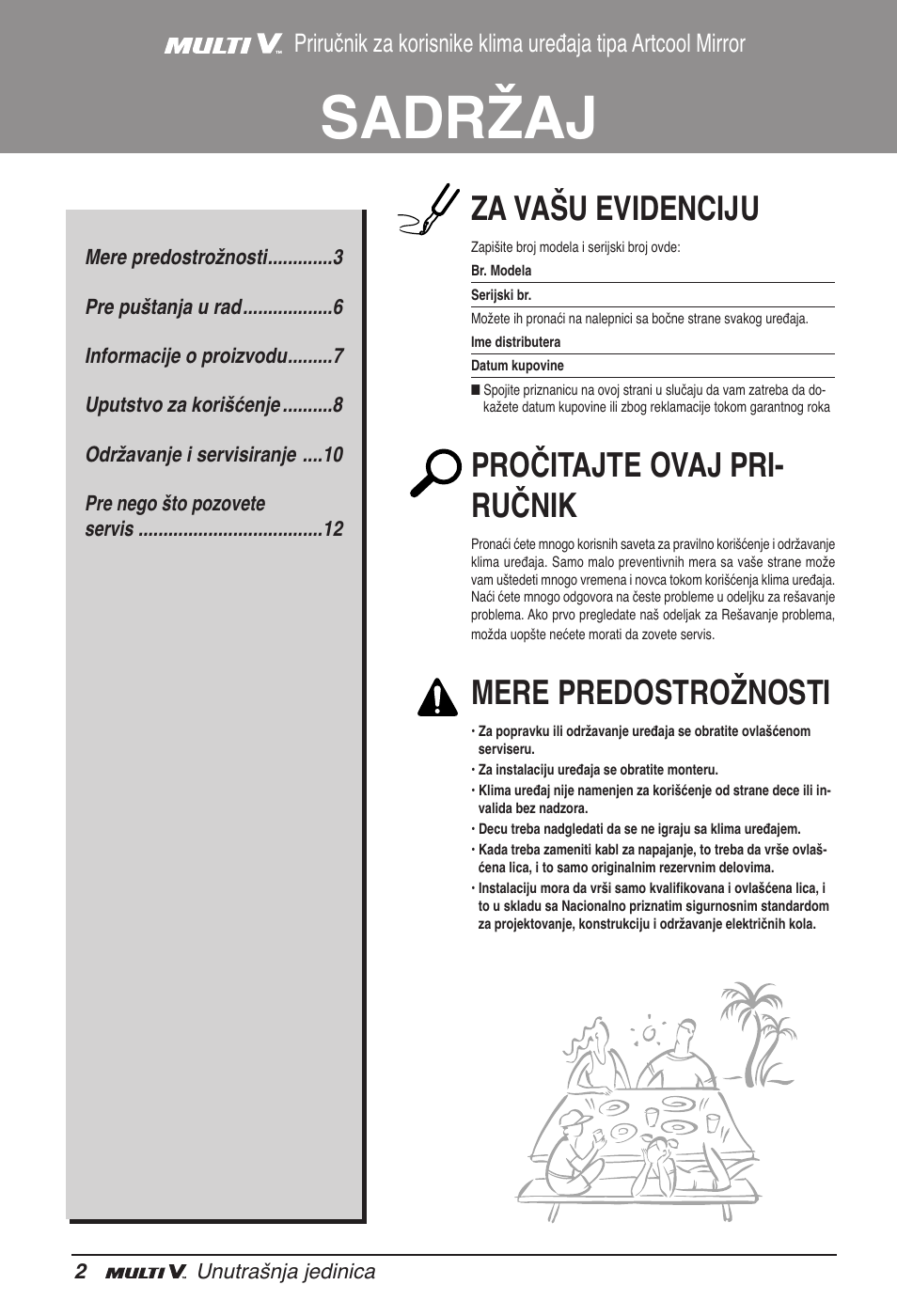 Sadržaj, Za vašu evidenciju, Pročitajte ovaj pri- ručnik | Mere predostrožnosti | LG ARNU15GSER2 User Manual | Page 158 / 205