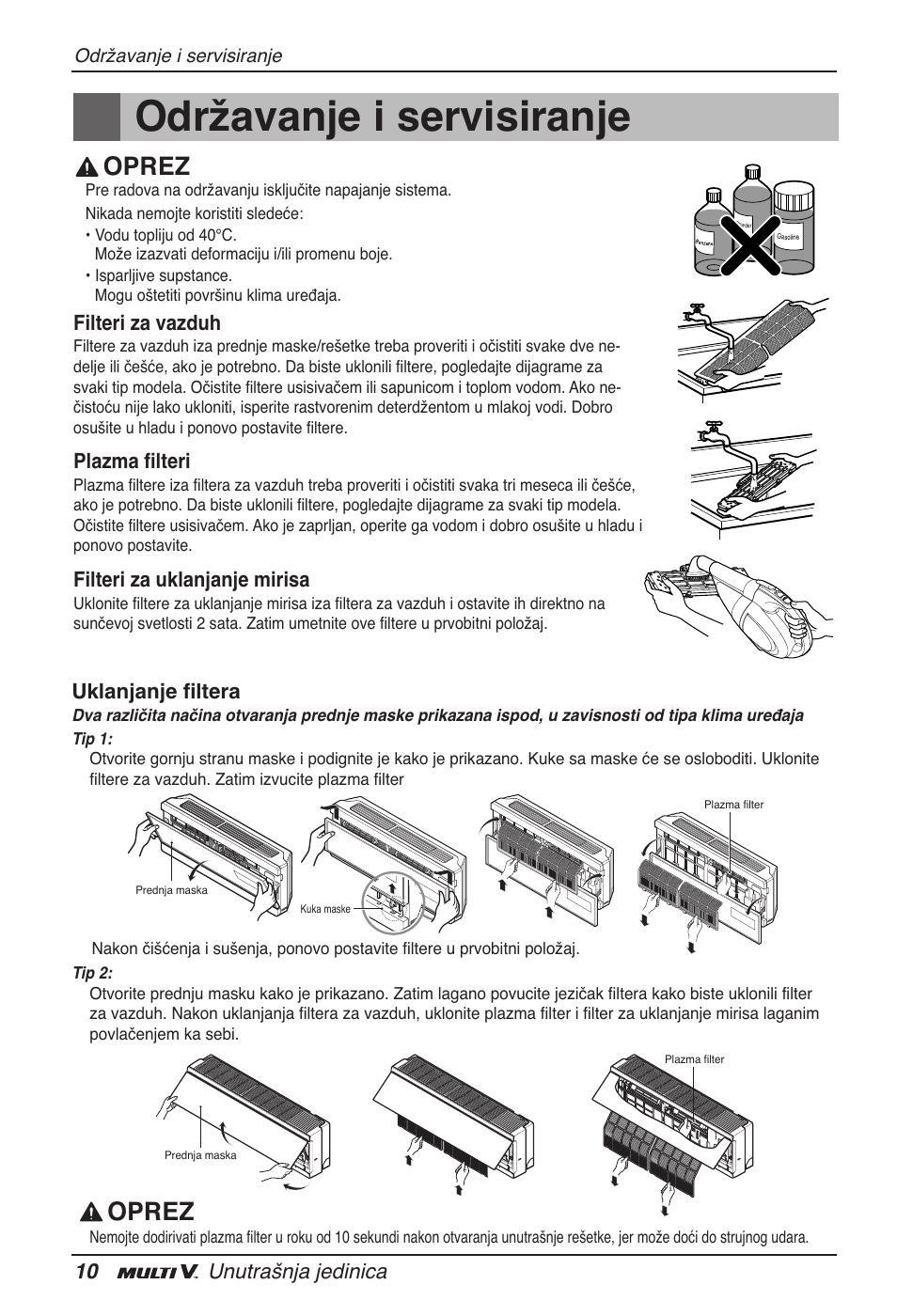 Održavanje i servisiranje, Oprez, 10 unutrašnja jedinica | Filteri za vazduh, Plazma filteri, Filteri za uklanjanje mirisa, Uklanjanje filtera | LG ARNU15GSER2 User Manual | Page 166 / 205