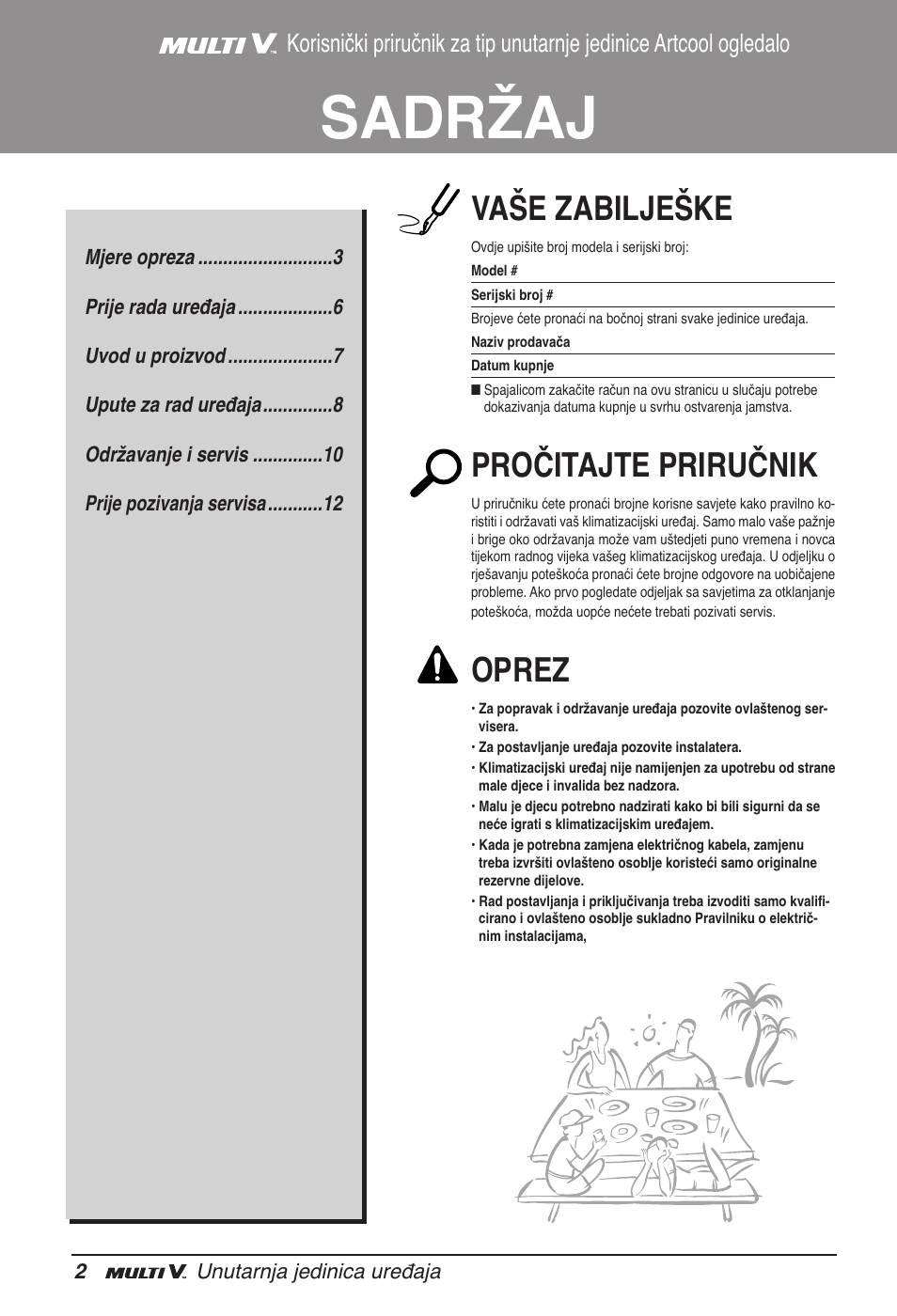 Sadržaj, Vaše zabilješke, Pročitajte priručnik | Oprez | LG ARNU15GSER2 User Manual | Page 170 / 205