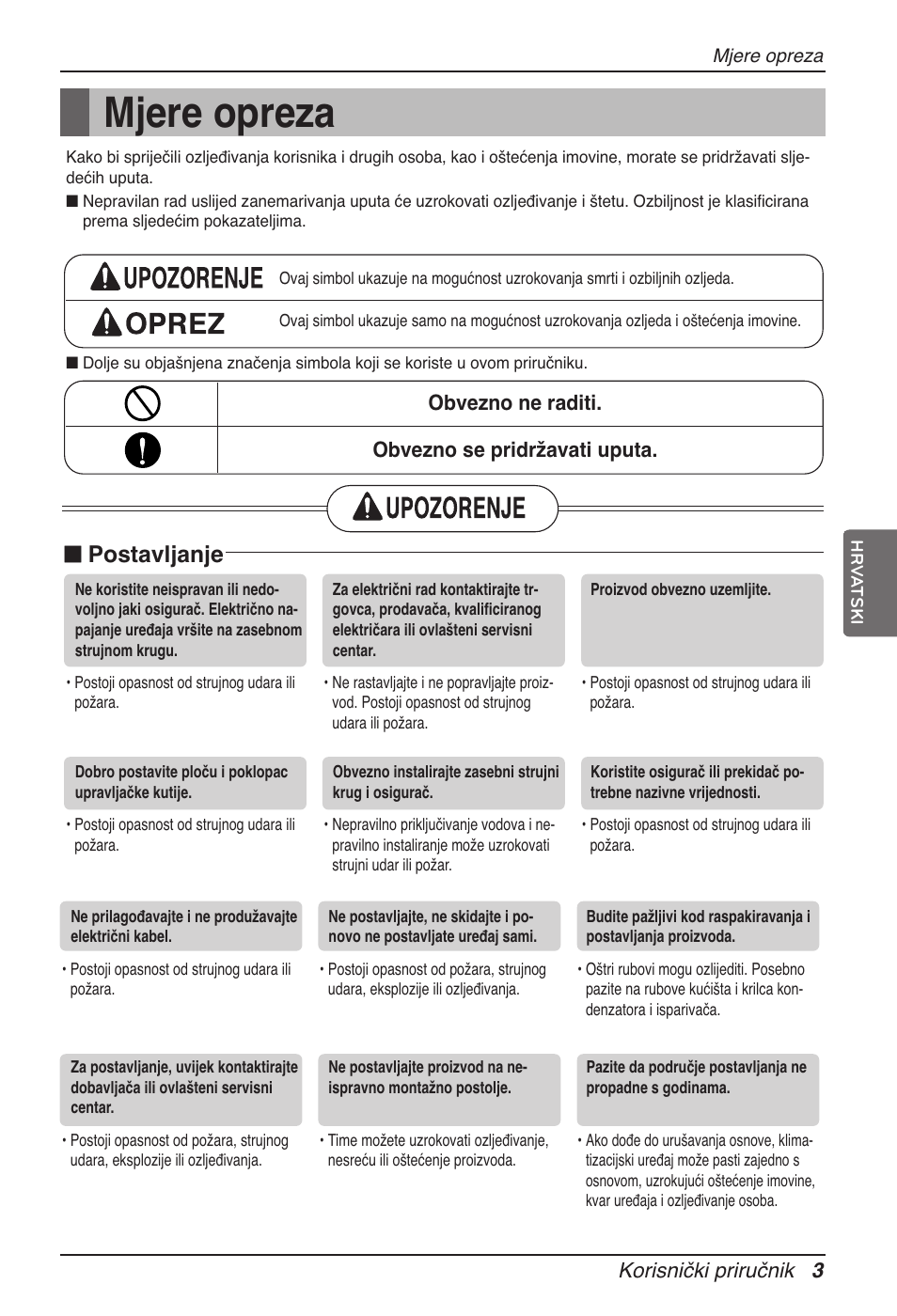 Mjere opreza, N postavljanje, Korisnički priručnik 3 | Obvezno ne raditi. obvezno se pridržavati uputa | LG ARNU15GSER2 User Manual | Page 171 / 205