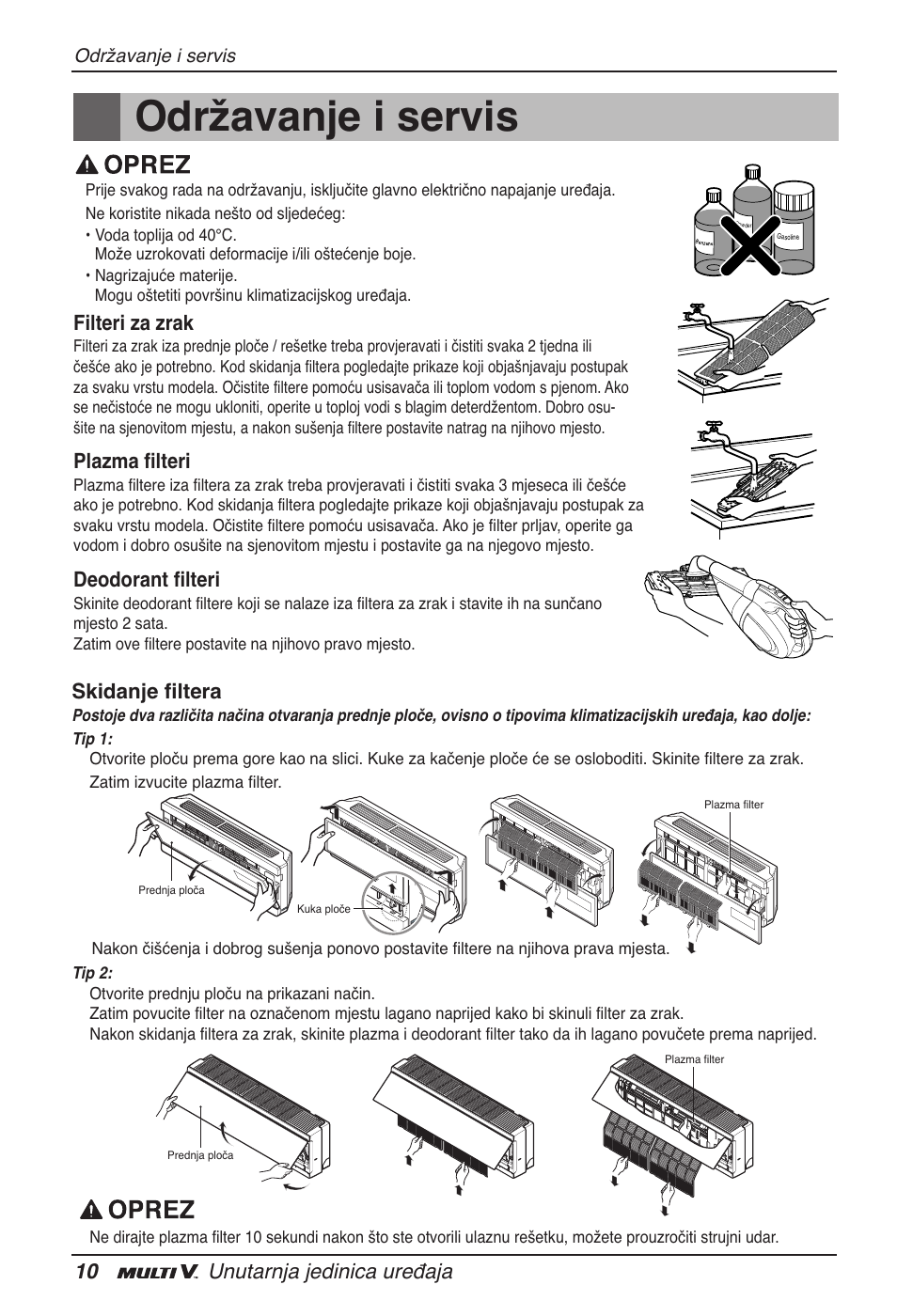 Održavanje i servis, 10 unutarnja jedinica uređaja, Filteri za zrak | Plazma filteri, Deodorant filteri, Skidanje filtera | LG ARNU15GSER2 User Manual | Page 178 / 205