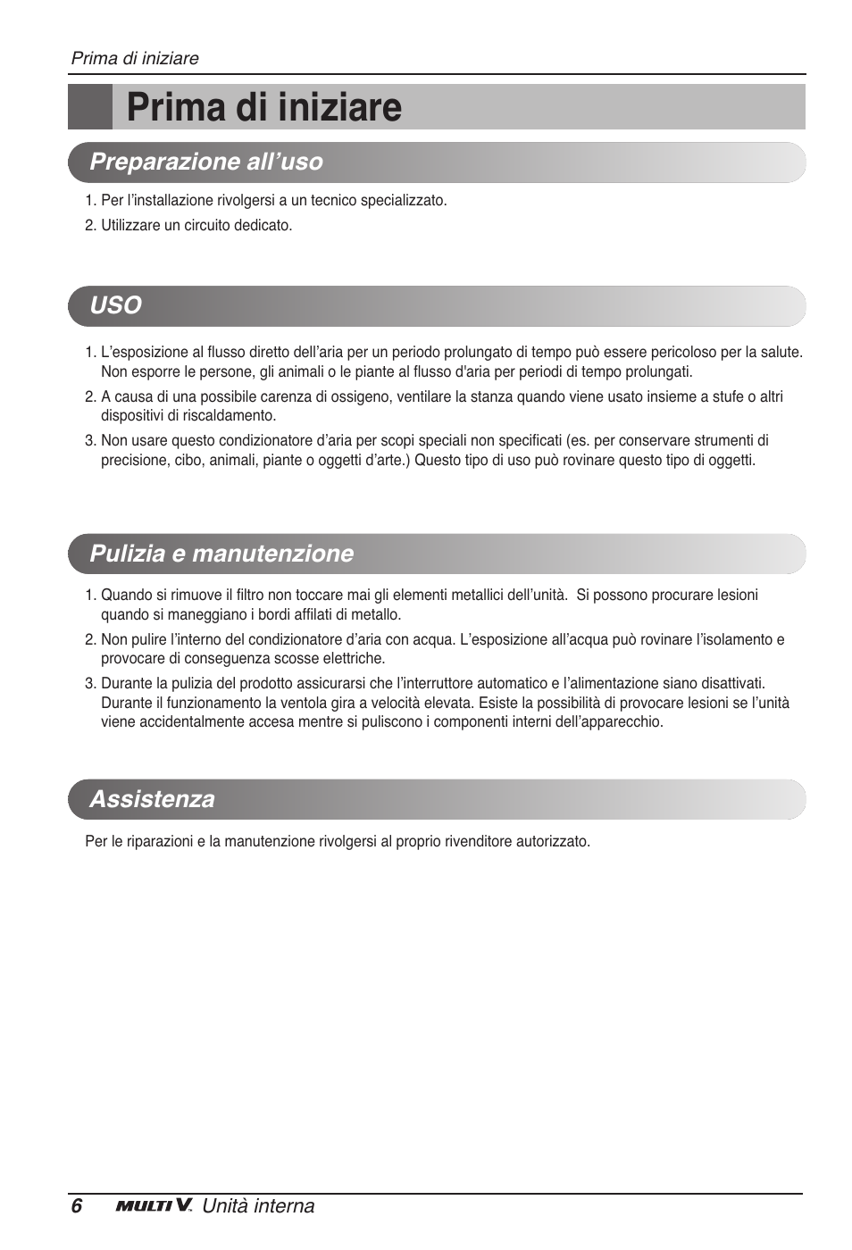 Prima di iniziare, Preparazione allʼuso, Pulizia e manutenzione | Assistenza | LG ARNU15GSER2 User Manual | Page 18 / 205