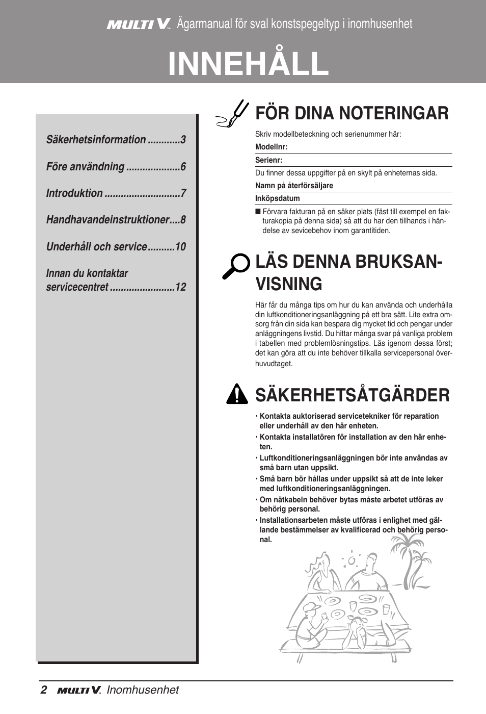 Innehåll, Läs denna bruksan- visning, Säkerhetsåtgärder | Ägarmanual för sval konstspegeltyp i inomhusenhet | LG ARNU15GSER2 User Manual | Page 182 / 205