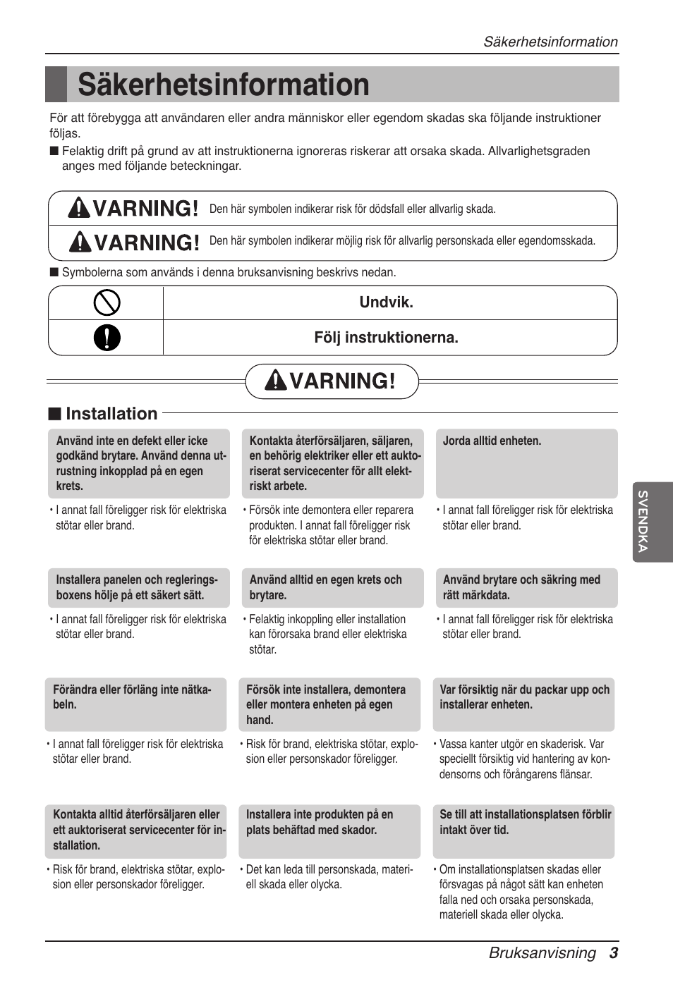 Säkerhetsinformation, N installation, Bruksanvisning 3 | Undvik. följ instruktionerna | LG ARNU15GSER2 User Manual | Page 183 / 205