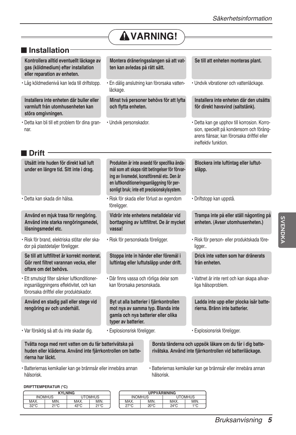 N installation, N drift, Bruksanvisning 5 | Säkerhetsinformation | LG ARNU15GSER2 User Manual | Page 185 / 205