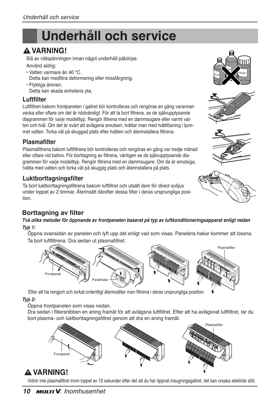 Underhåll och service, 10 inomhusenhet, Luftfilter | Plasmafilter, Luktborttagningsfilter, Borttagning av filter | LG ARNU15GSER2 User Manual | Page 190 / 205