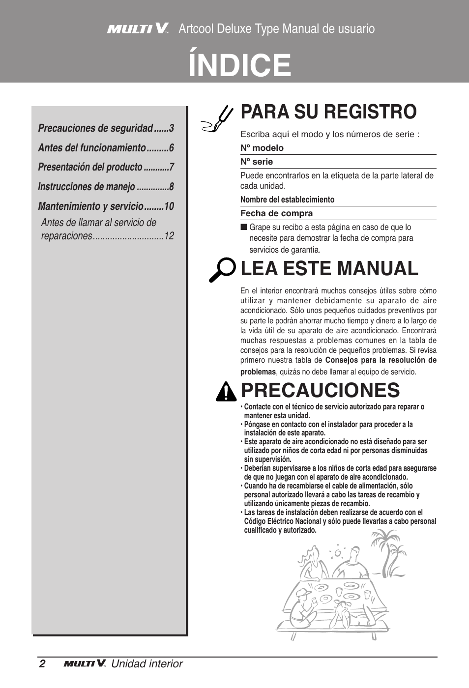 Índice, Para su registro, Lea este manual | Precauciones, Artcool deluxe type manual de usuario | LG ARNU15GSER2 User Manual | Page 26 / 205