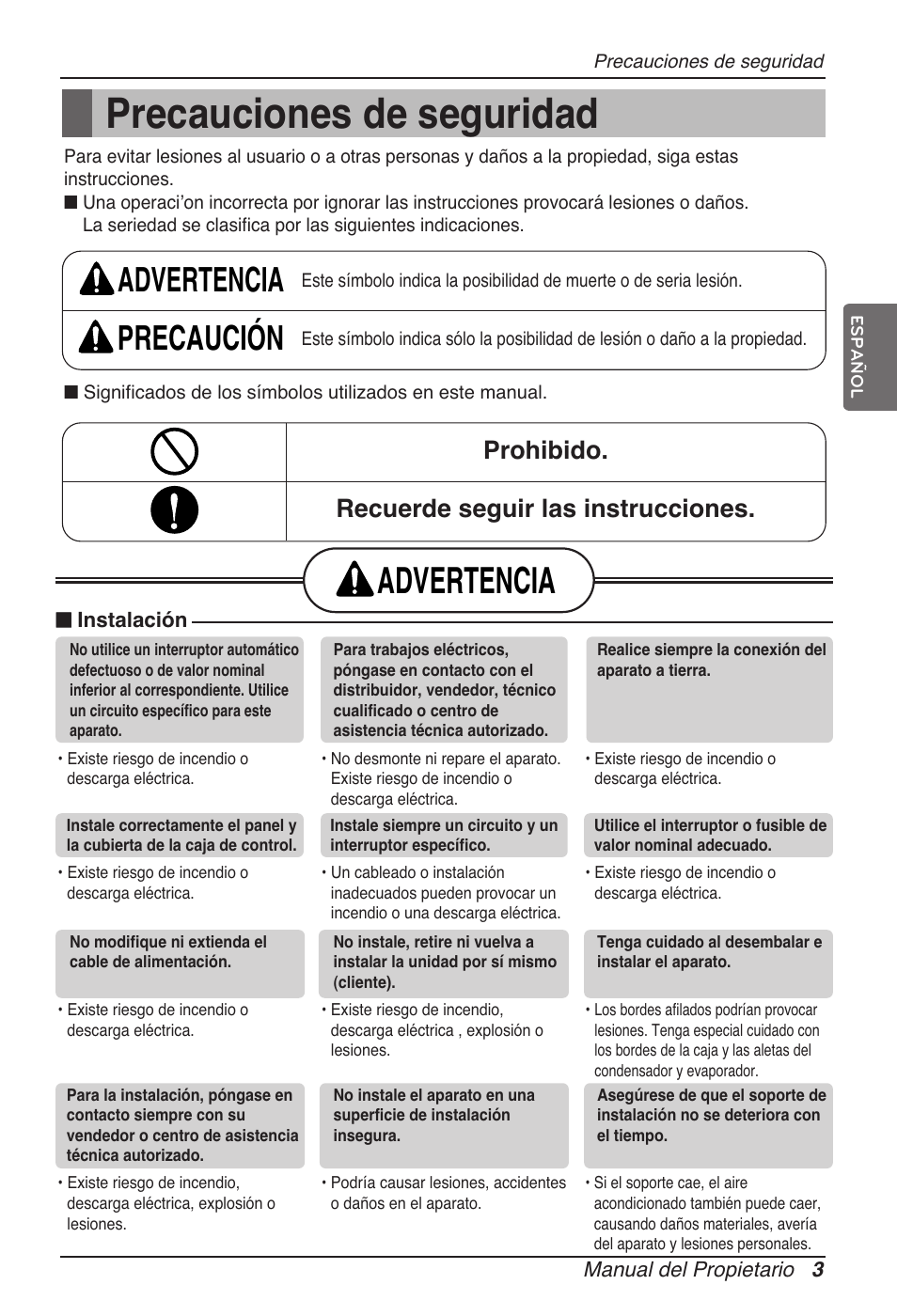 Precauciones de seguridad, Advertencia, Advertencia precaución | Prohibido. recuerde seguir las instrucciones | LG ARNU15GSER2 User Manual | Page 27 / 205