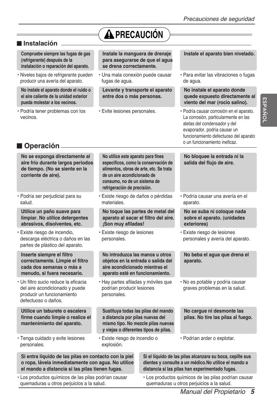 Precaución, N operación, Manual del propietario 5 | N instalación | LG ARNU15GSER2 User Manual | Page 29 / 205