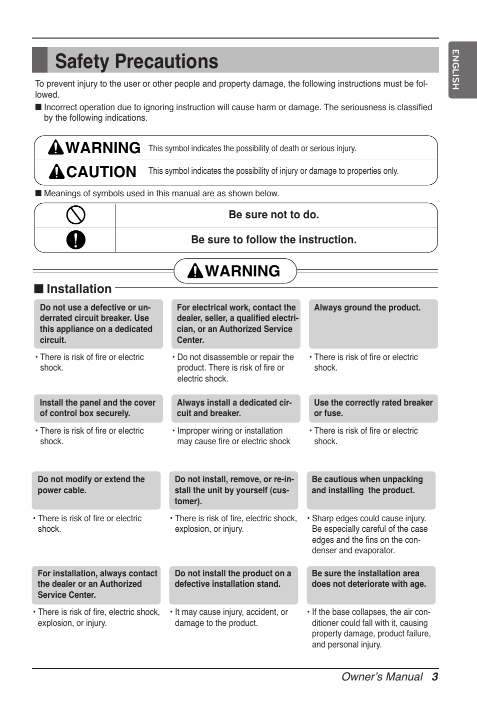 Safety precautions, Warning caution, Warning | N installation | LG ARNU15GSER2 User Manual | Page 3 / 205