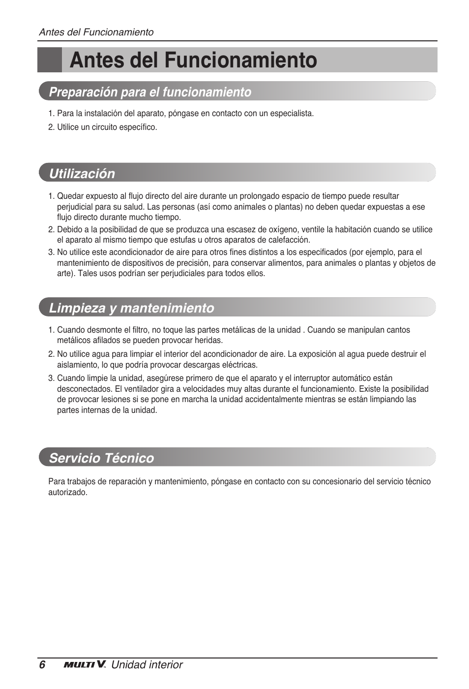 Antes del funcionamiento, Preparación para el funcionamiento, Utilización | Limpieza y mantenimiento, Servicio técnico | LG ARNU15GSER2 User Manual | Page 30 / 205