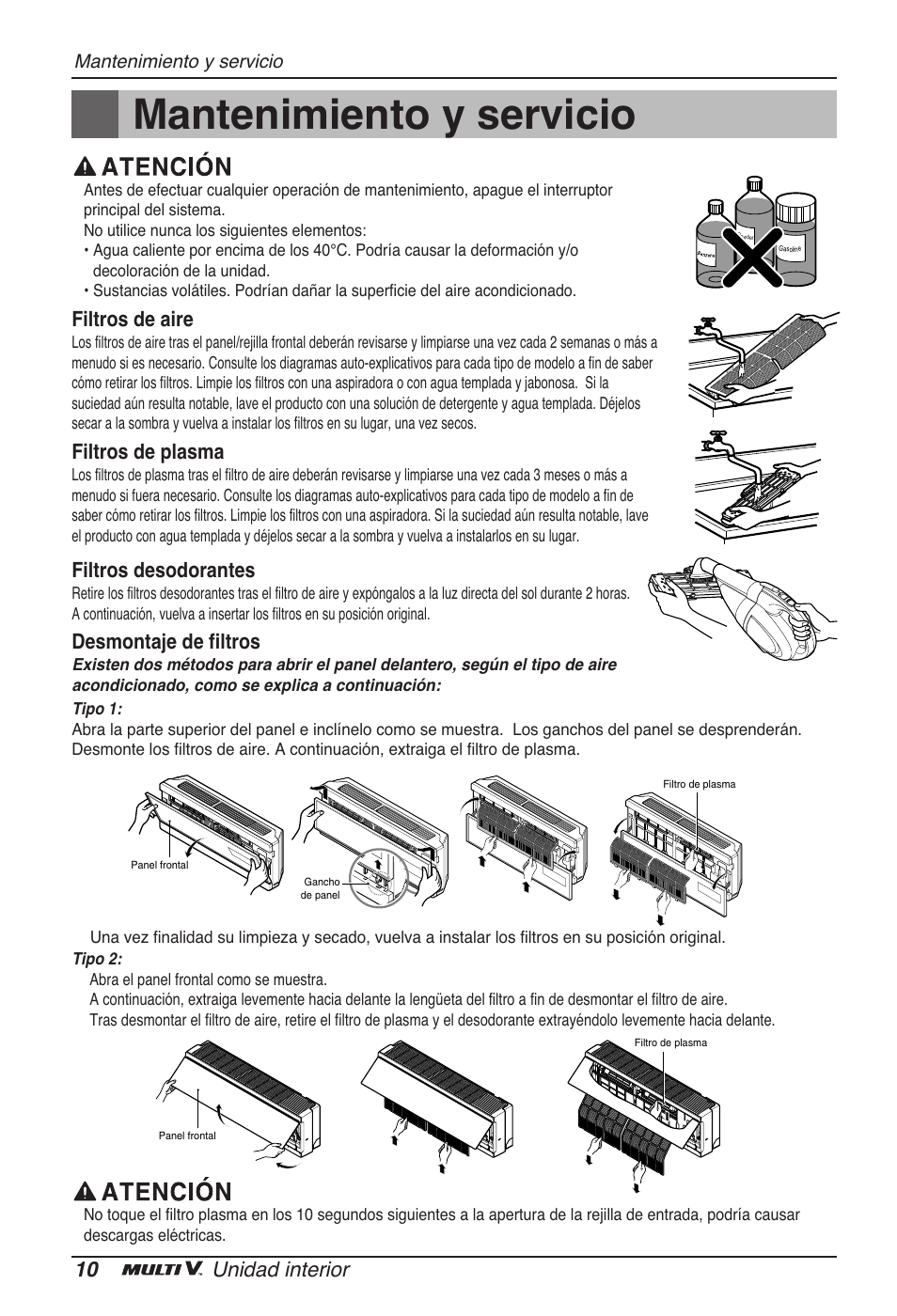 Mantenimiento y servicio, 10 unidad interior, Filtros de aire | Filtros de plasma, Filtros desodorantes, Desmontaje de filtros | LG ARNU15GSER2 User Manual | Page 34 / 205