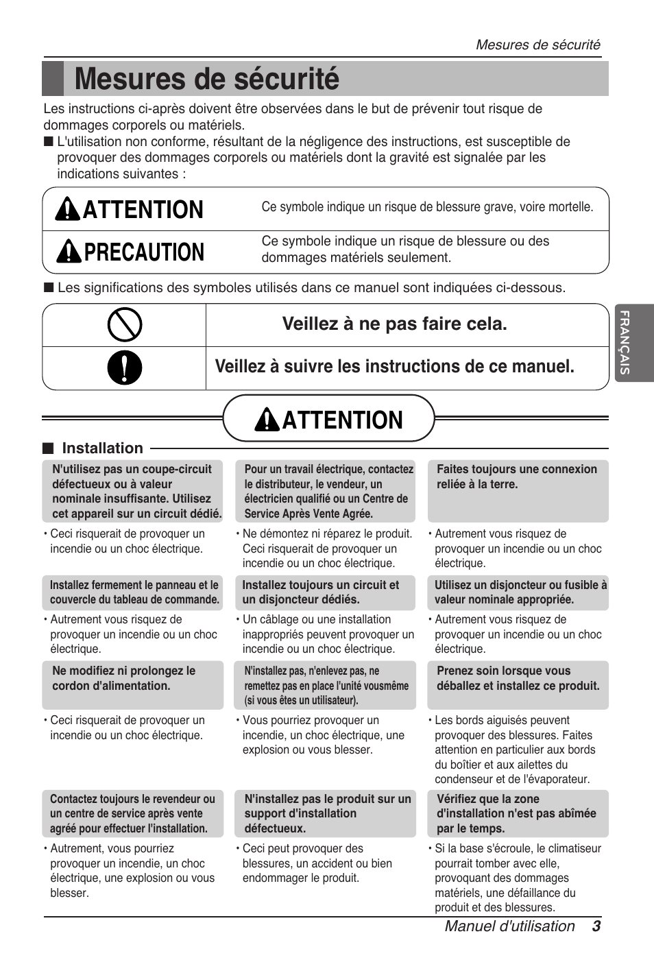 Mesures de sécurité, Attention precaution, Attention | LG ARNU15GSER2 User Manual | Page 39 / 205