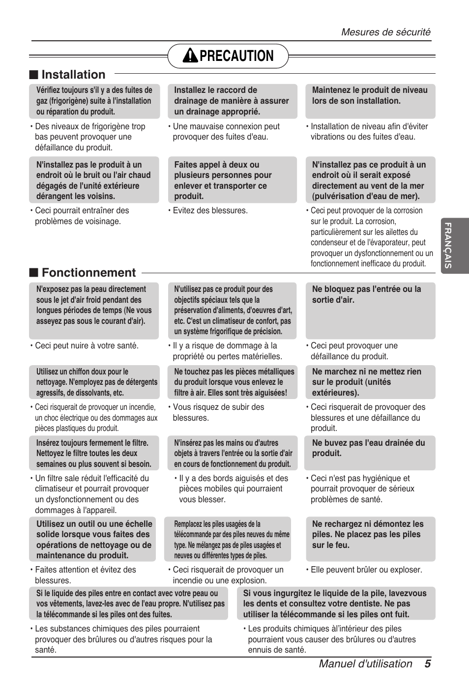 Precaution, N installation, N fonctionnement | Manuel d'utilisation 5 | LG ARNU15GSER2 User Manual | Page 41 / 205