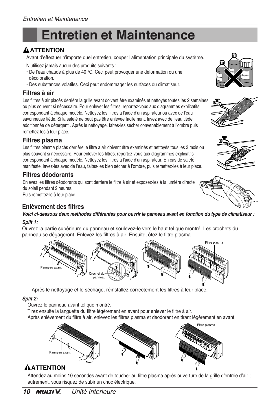 Entretien et maintenance, 10 unité interieure, Filtres à air | Filtres plasma, Filtres déodorants, Enlèvement des filtres | LG ARNU15GSER2 User Manual | Page 46 / 205