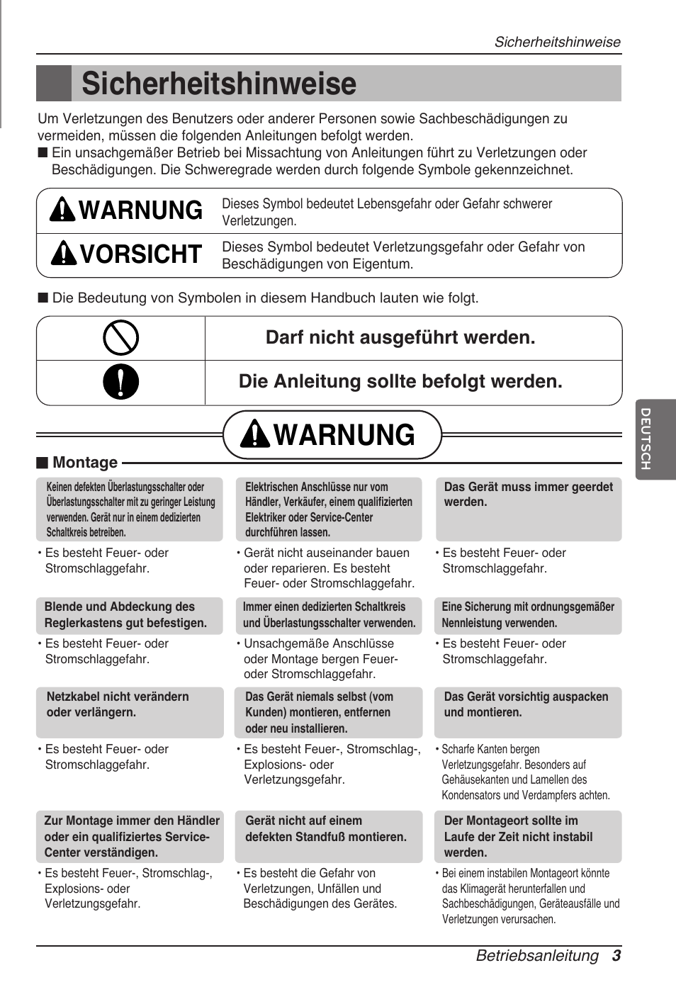 Sicherheitshinweise, Warnung, Warnung vorsicht | LG ARNU15GSER2 User Manual | Page 51 / 205