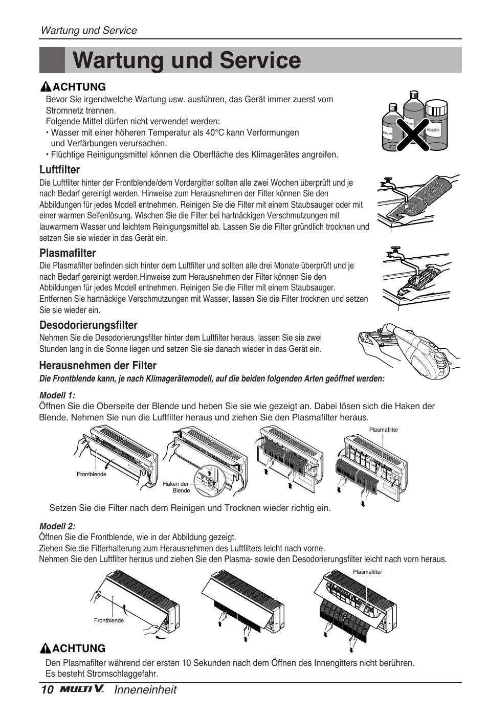 Wartung und service, 10 inneneinheit, Luftfilter | Plasmafilter, Desodorierungsfilter, Herausnehmen der filter | LG ARNU15GSER2 User Manual | Page 58 / 205