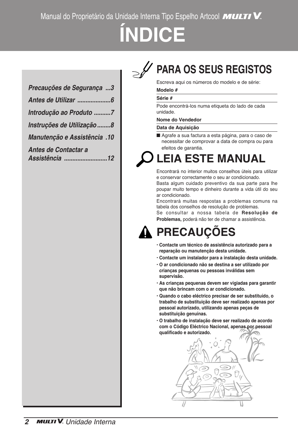 Índice, Para os seus registos, Leia este manual | Precauções | LG ARNU15GSER2 User Manual | Page 74 / 205