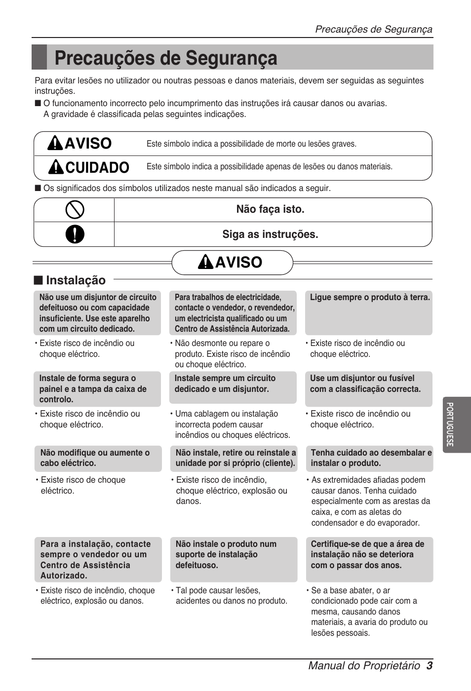 Precauções de segurança, Aviso cuidado, Aviso | N instalação | LG ARNU15GSER2 User Manual | Page 75 / 205