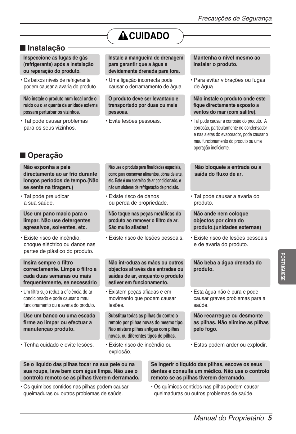 Cuidado, N instalação, N operação | Manual do proprietário 5 | LG ARNU15GSER2 User Manual | Page 77 / 205