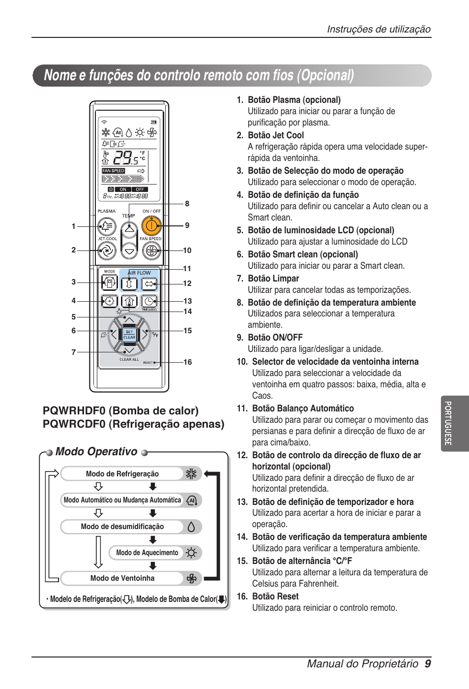 Modo operativo, Manual do proprietário 9 | LG ARNU15GSER2 User Manual | Page 81 / 205