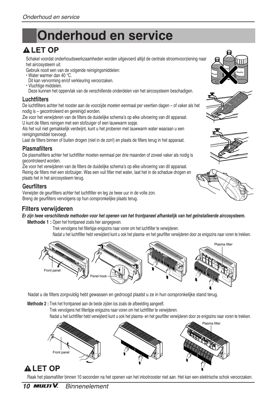 Onderhoud en service, 10 binnenelement, Luchtfilters | Plasmafilters, Geurfilters, Filters verwijderen | LG ARNU15GSER2 User Manual | Page 94 / 205