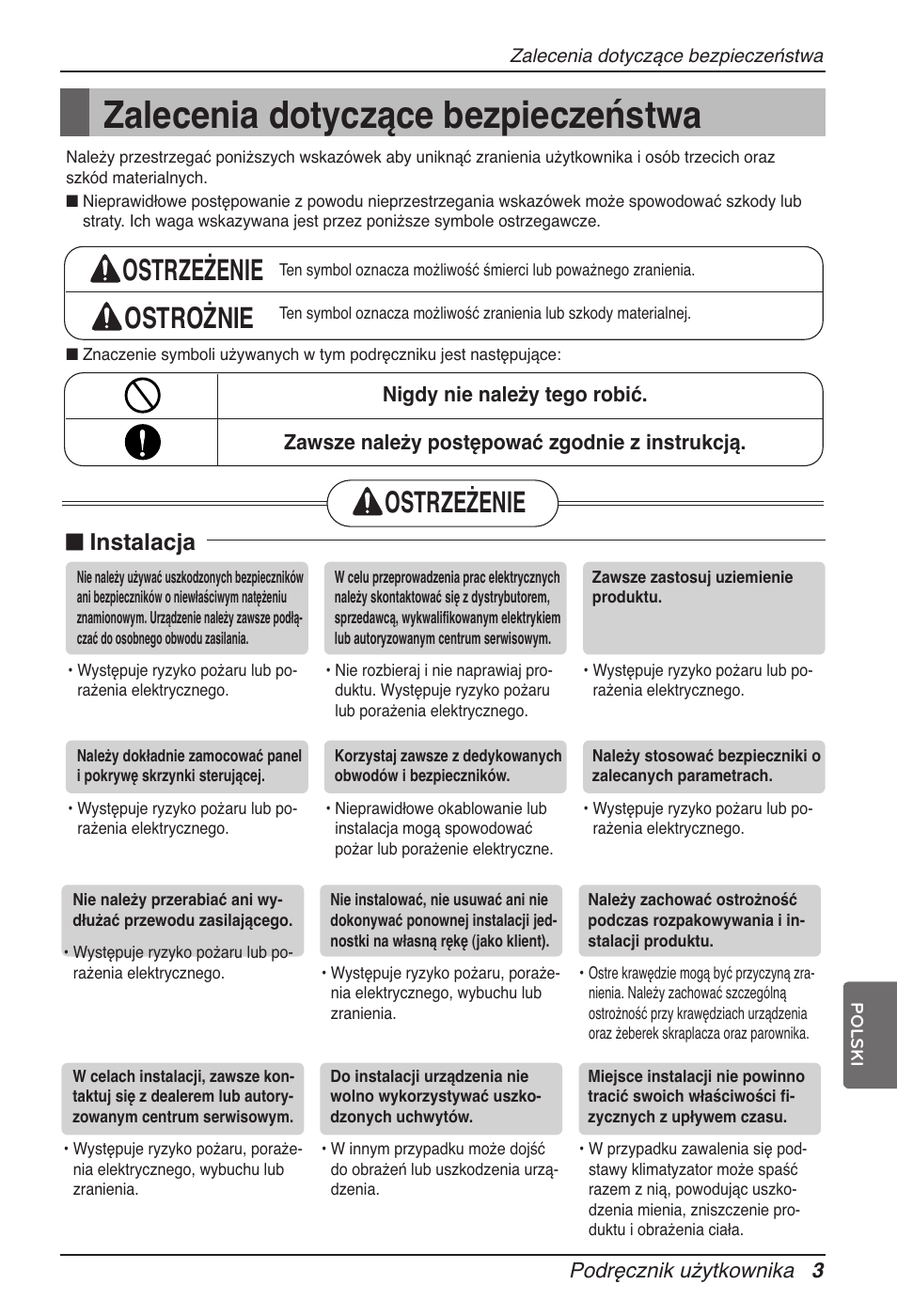 Zalecenia dotyczące bezpieczeństwa, Ostrzeżenie ostrożnie, Ostrzeżenie | N instalacja | LG ARNU15GSER2 User Manual | Page 99 / 205