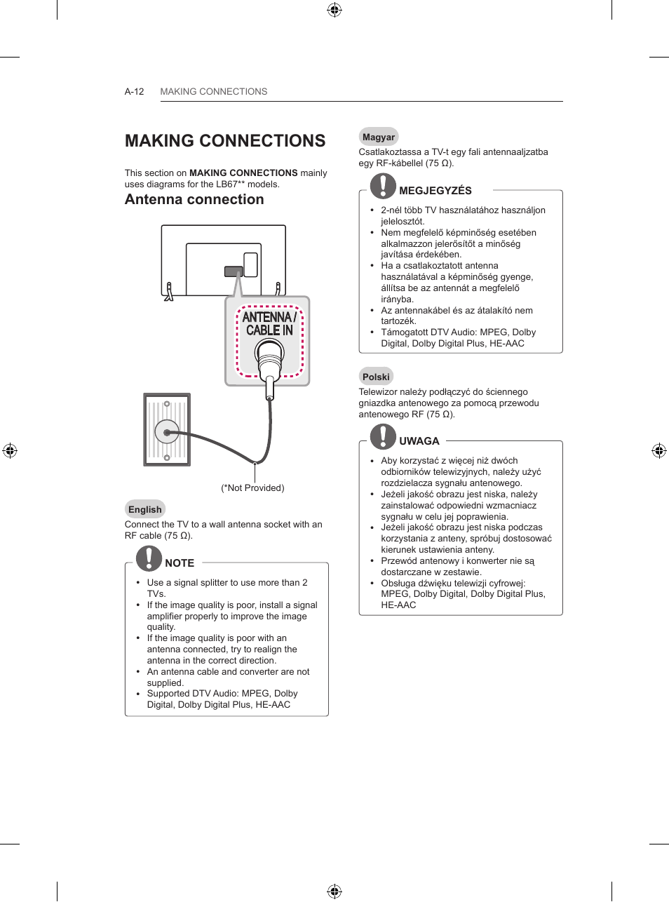 Ee_00_connection, Making connections, Antenna connection | Antenna / cable in | LG 55LB700V User Manual | Page 12 / 795