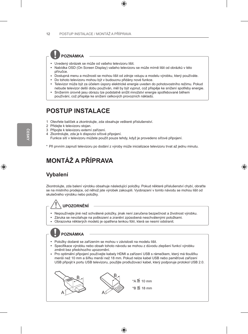 Postup instalace, Montáž a příprava, Vybalení | LG 55LB700V User Manual | Page 174 / 795