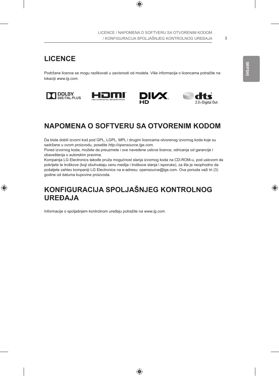 Licence, Napomena o softveru sa otvorenim kodom, Konfiguracija spoljašnjeg kontrolnog uređaja | LG 55LB700V User Manual | Page 389 / 795