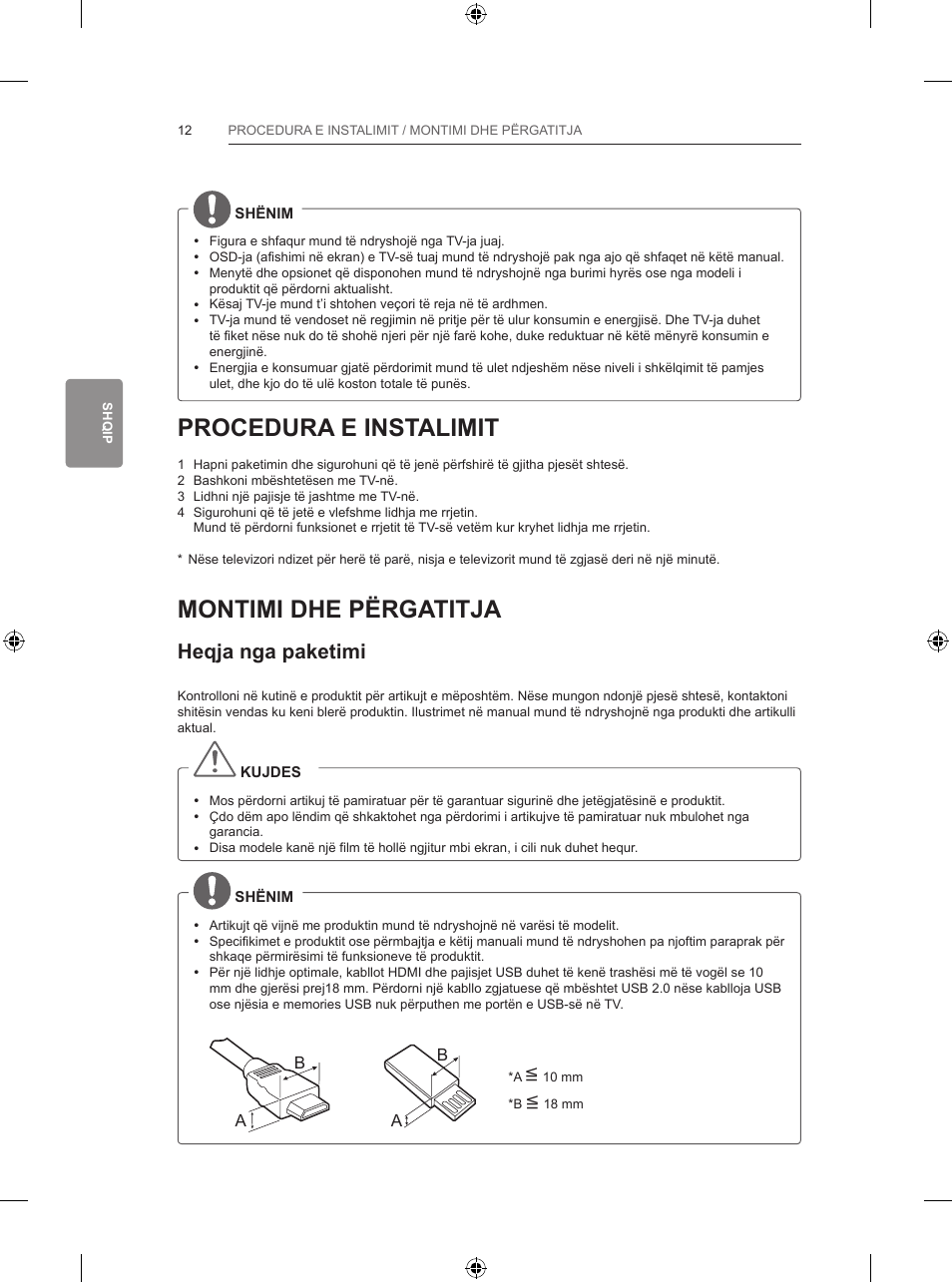 Procedura e instalimit, Montimi dhe përgatitja, Heqja nga paketimi | LG 55LB700V User Manual | Page 462 / 795