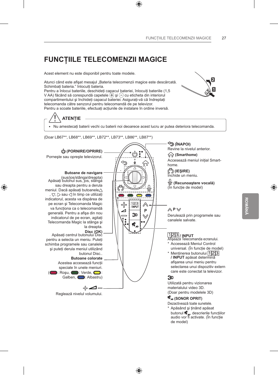 Funcţiile telecomenzii magice | LG 47LB731V User Manual | Page 253 / 588