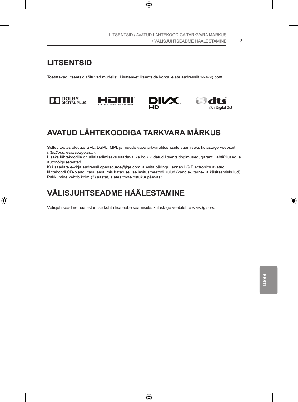 Litsentsid, Avatud lähtekoodiga tarkvara märkus, Välisjuhtseadme häälestamine | LG 47LB731V User Manual | Page 293 / 588