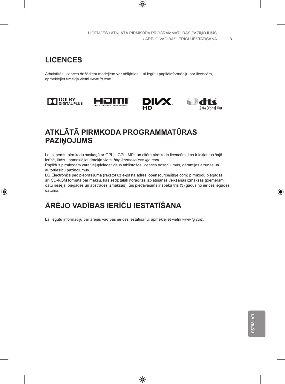 Licences, Atklātā pirmkoda programmatūras paziņojums, Ārējo vadības ierīču iestatīšana | LG 47LB731V User Manual | Page 357 / 588