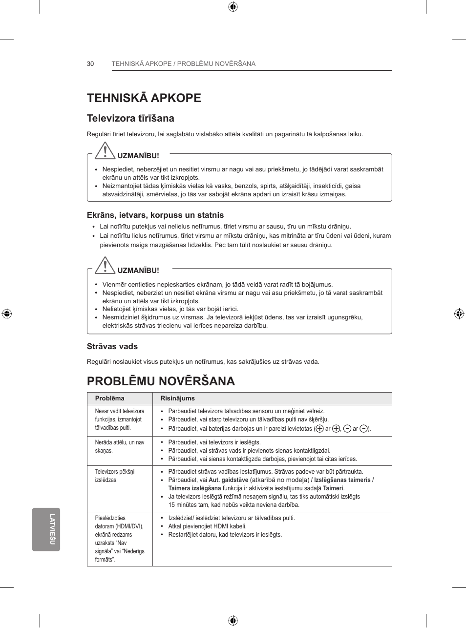 Tehniskā apkope, Problēmu novēršana, Televizora tīrīšana | LG 47LB731V User Manual | Page 384 / 588