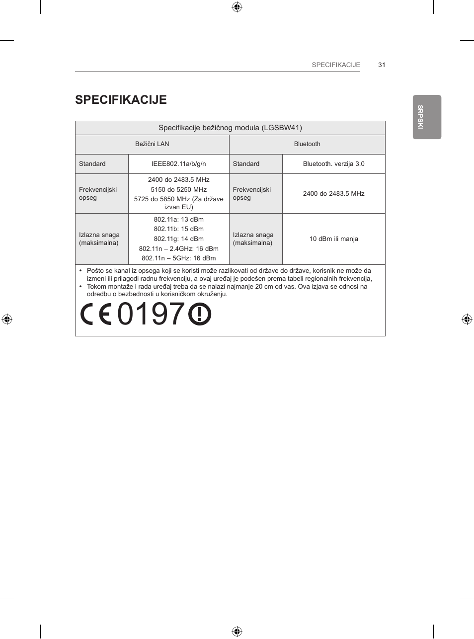 Specifikacije | LG 47LB731V User Manual | Page 417 / 588