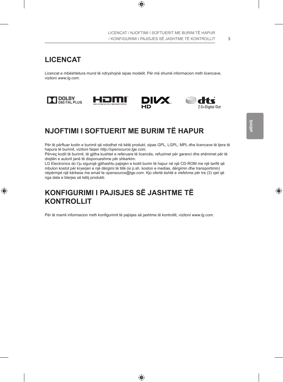 Licencat, Njoftimi i softuerit me burim të hapur, Konfigurimi i pajisjes së jashtme të kontrollit | LG 47LB731V User Manual | Page 453 / 588