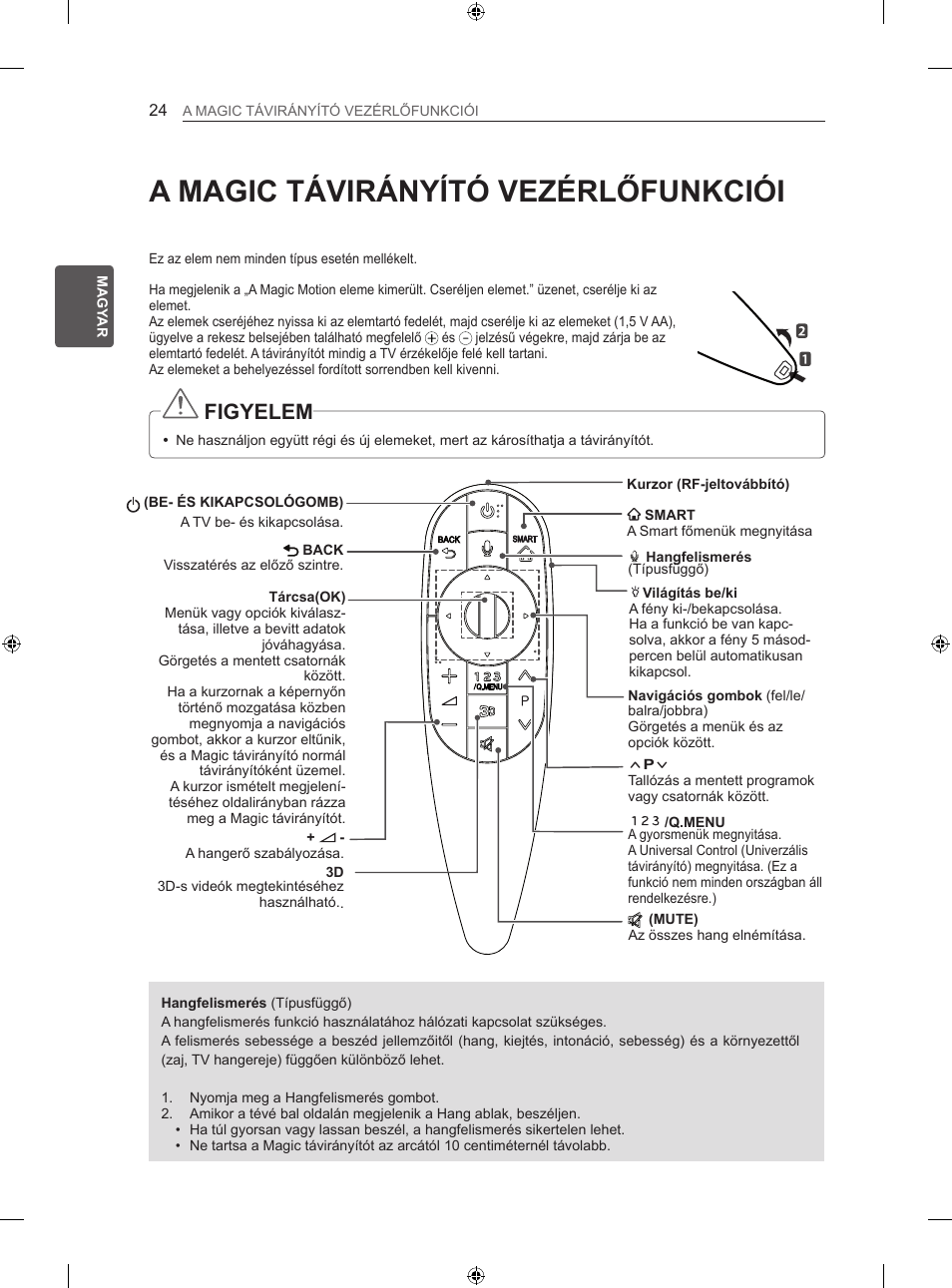 A magic távirányító vezérlőfunkciói, Figyelem | LG 42LA860V User Manual | Page 112 / 516