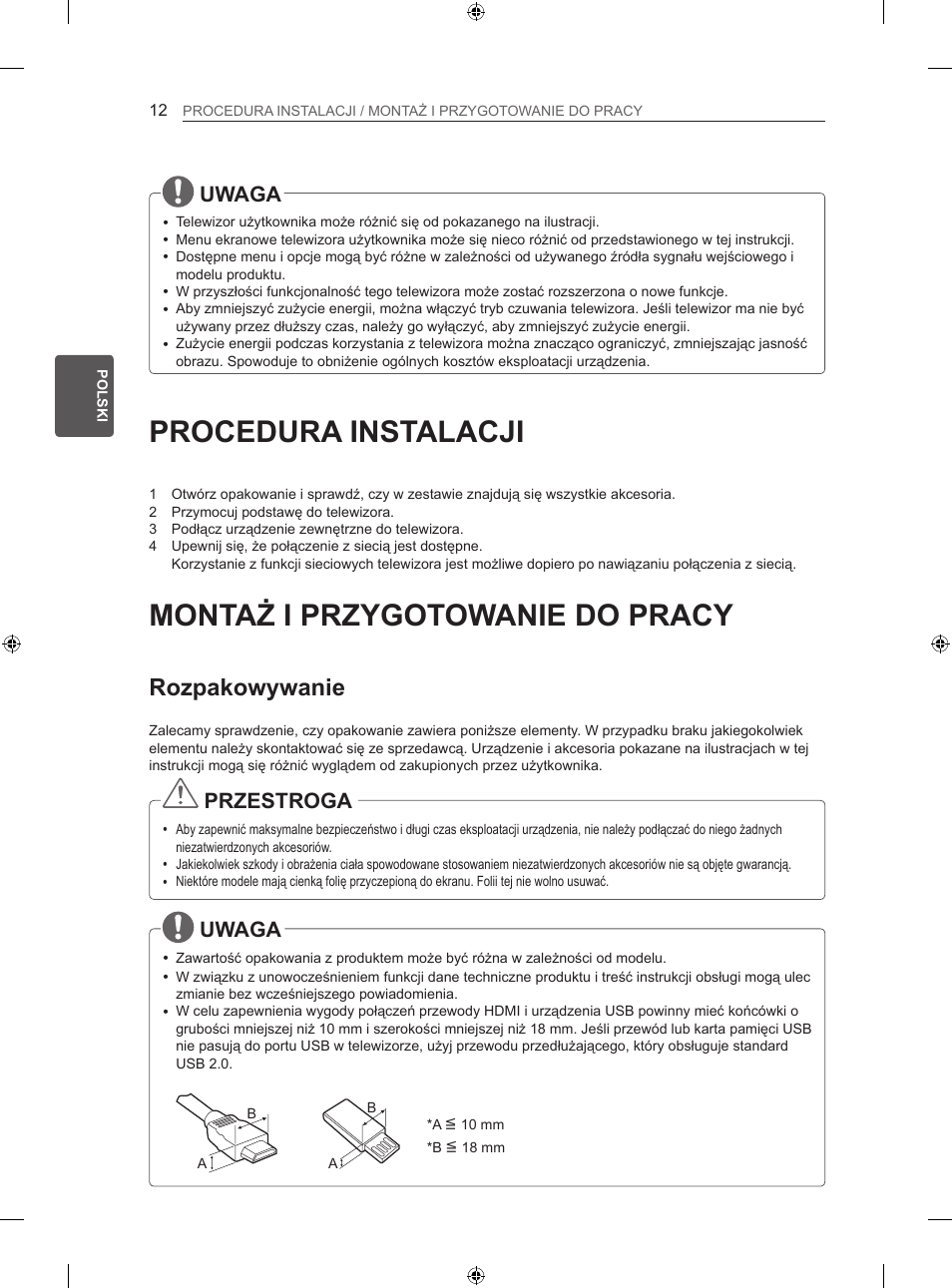 Procedura instalacji, Montaż i przygotowanie do pracy, Rozpakowywanie | Uwaga, Przestroga | LG 42LA860V User Manual | Page 128 / 516