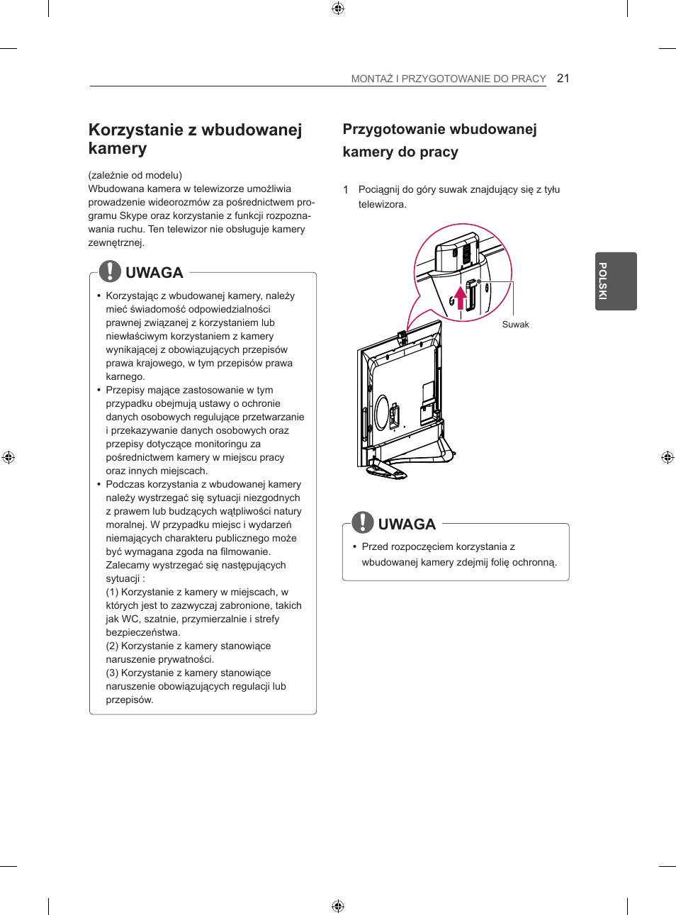 Korzystanie z wbudowanej kamery, Uwaga, Przygotowanie wbudowanej kamery do pracy | LG 42LA860V User Manual | Page 137 / 516