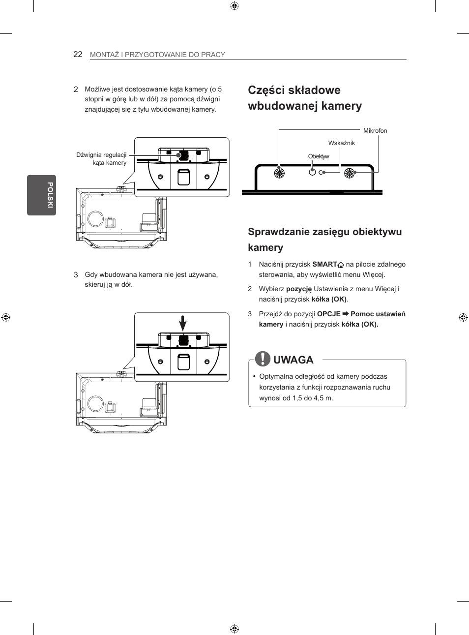 Części składowe wbudowanej kamery, Uwaga, Sprawdzanie zasięgu obiektywu kamery | LG 42LA860V User Manual | Page 138 / 516