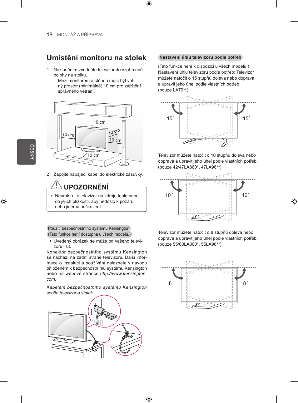 Umístění monitoru na stolek, Upozornění | LG 42LA860V User Manual | Page 162 / 516