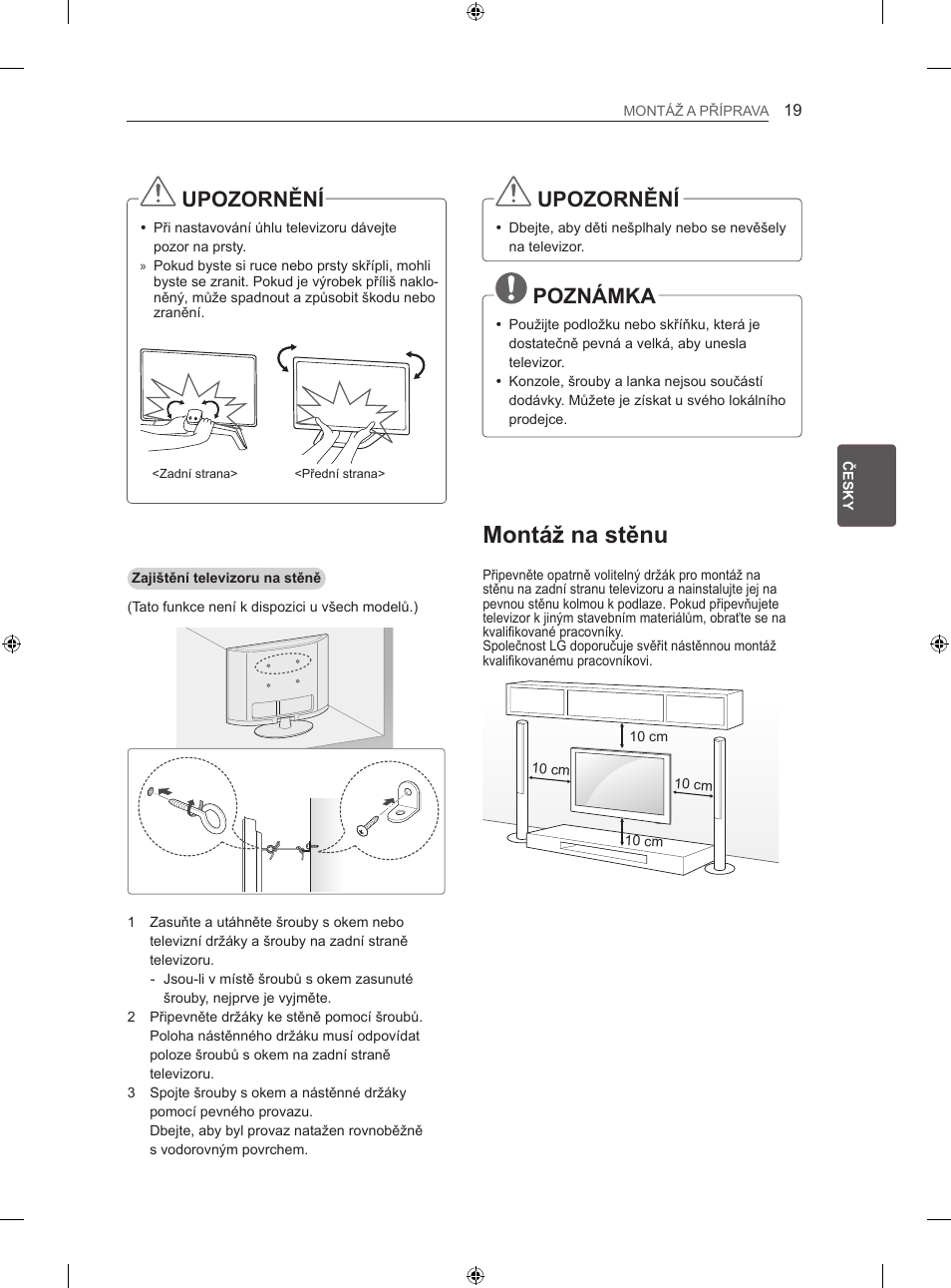 Montáž na stěnu, Upozornění, Poznámka | LG 42LA860V User Manual | Page 163 / 516