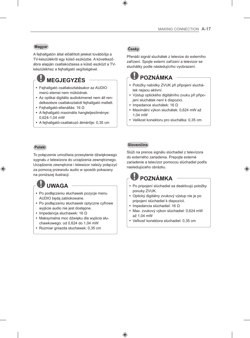 Megjegyzés, Uwaga, Poznámka | LG 42LA860V User Manual | Page 17 / 516