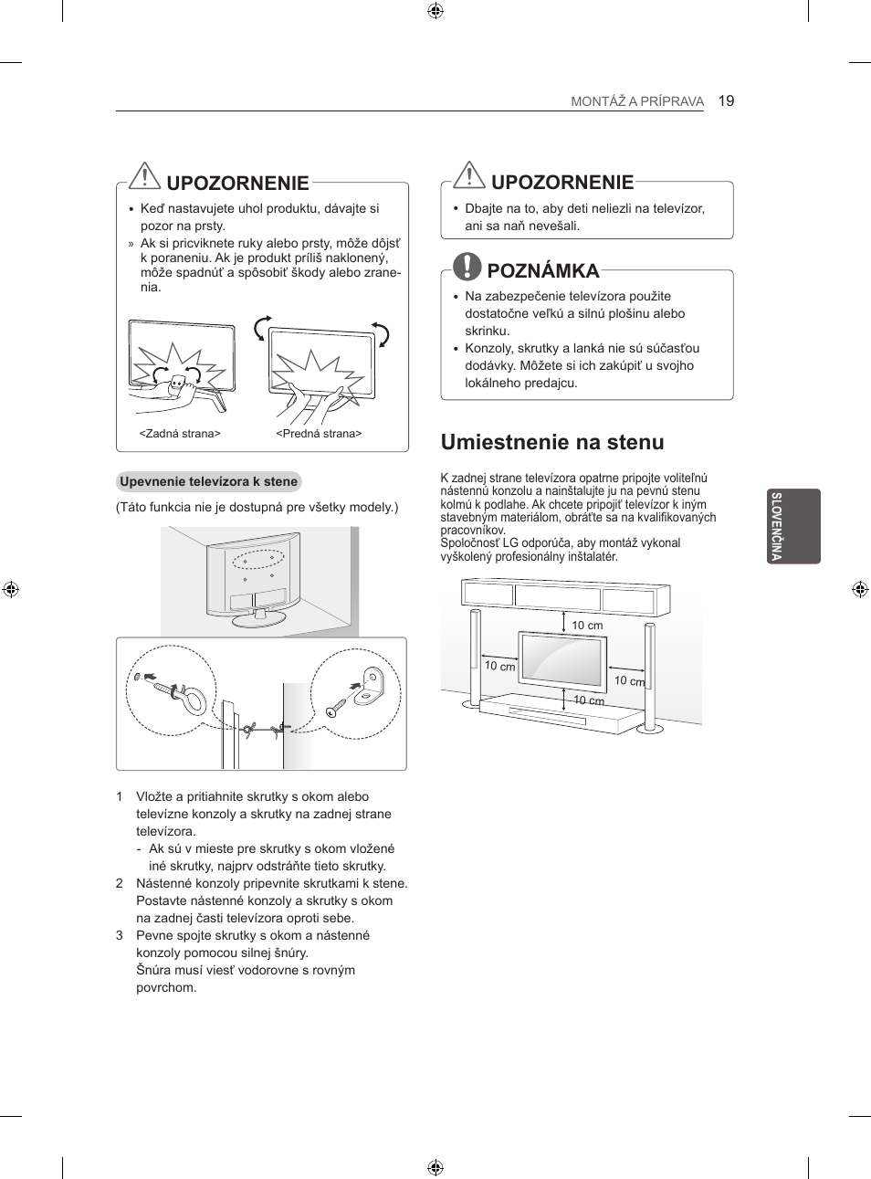 Umiestnenie na stenu, Upozornenie, Poznámka | LG 42LA860V User Manual | Page 191 / 516